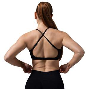 Soutien-gorge de sport noir personnalisé pour femme avec logo, col rond, fines bretelles, sans couture, haut court d'entraînement, ensemble de fitness et de gym, vêtements de sport en gros - Product Image 2