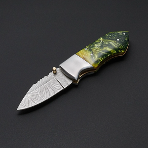 Damascus Pocket Knife Folding Knife with Resin Handle & <b>Leather</b> Sheath Custom Folding Knife Damascus Blade EDC Knife for Gift - Product Image 2