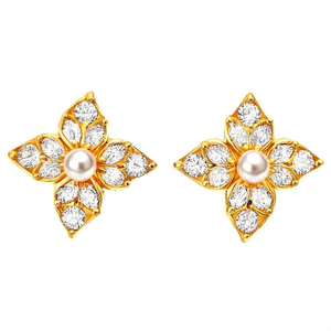 Vintage 18K Solid Gold Ruby Stud Earrings with Zircon and Pearl - Product Image 2