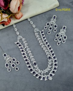 Double Layered Radiant Cut Stone Stuuded <b>Fashion</b> <b>Necklace</b> Set With Matching Earring Mang Tika Silver Plated Jewelry Set Supplier - Product Image 2