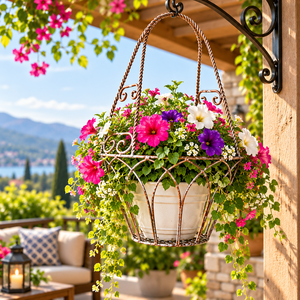 Panier suspendu vintage en métal avec poignée à motifs décoratifs et support de pot de fleurs en fer décoratif pour balcon - Product Image 1