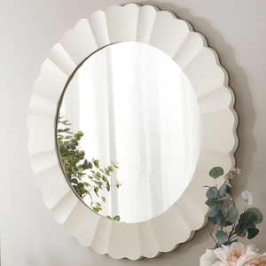 Miroir mural rond en bois sculpté avec motif floral, finition blanche, en MDF, pour dressing et salon - Product Image 1