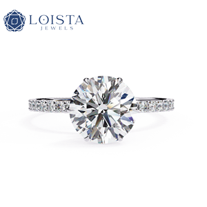 Bague de fiançailles solitaire en diamant rond cultivé en laboratoire avec diamants latéraux ronds, diamant créé en laboratoire, certifié IGI, bague en or - Product Image 1