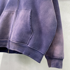 Sudadera con capucha y cremallera de diseño único, lavado ácido, 100% algodón, estilo hip hop urbano, unisex, con efecto desgastado y teñido anudado, para invierno. - Product Image 4