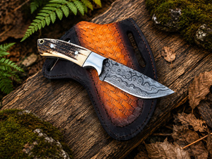 Couteau de chasse Skinner à lame fixe en acier Damas fait main sur mesure OEM, avec manche en bois de cerf, pour camping, extérieur et EDC - Product Image 2