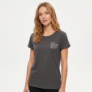 Camiseta de algodón gris de cuello redondo y manga corta para mujer al por mayor, con estampado de letras, ajuste holgado, ropa casual, de secado rápido y transpirable, 180g - Product Image 5