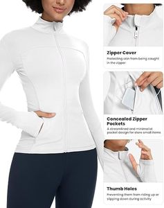 Chaqueta Deportiva de Mujer, Blanca, Manga Larga, Cuello Alto con Cierre, Transpirable, Poliéster, Color Sólido, Corte Ajustado, para Todas las Temporadas, con Bolsillos - Product Image 5