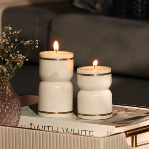 Porte-bougie en marbre naturel, bougeoir rond blanc avec bande dorée, décoration d'intérieur - Product Image 4