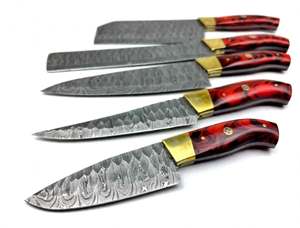 Ensemble de 5 couteaux de cuisine en acier Damas faits à la main, manche en résine rouge, embout en laiton, couteau de chef - Product Image 4