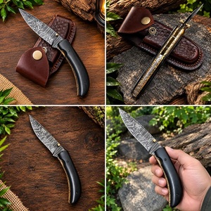 Cuchillo Plegable de Acero de Damasco de Grado Industrial Hecho a Mano con Mango de Micarta y Funda de Cuero para Acampar al Aire Libre - Product Image 6