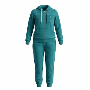 Women's Teal Hooded Tracksuit <b>2</b>-Piece Set Full <b>Zip</b> <b>Sweatshirt</b> Jogger Pants Casual Autumn Wear Solid Color Cotton Fleece - Product Image 1