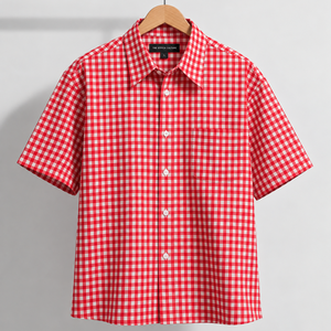 Custom <b>Red</b> Checkered Cuban Collar Short Sleeve Button up <b>Shirts</b> Company - Product Image 4