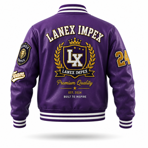 Custom Purple Varsity Letterman Jacket Men PU Leather Baseball College Jacket Embroidered Chenille Patch Bomber Jacket OEM ODM - Product Image 3