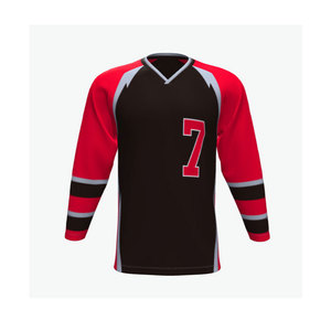 เสื้อฮอกกี้สีดำแดงสำหรับผู้ชาย หมายเลข 7 พิมพ์ลายแบบ Sublimation คอวี โพลีเอสเตอร์ ชุดกีฬาฤดูหนาว ทรงปกติ - Product Image 1