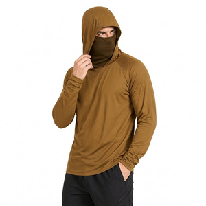 Men's Olive Long Sleeve Hooded UV Protection Shirt With Face Cover Pullover <b>Top</b> Solid Color Anti-Uv Fishing Wear - Product Image 1