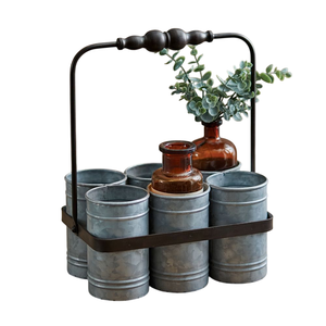 Farmhouse Galvanized Metal Cutlery Utensil Caddy Organizer Set Of 3 Serving Buckets With Tray For Home Kitchen <b>Tabletop</b> <b>Storage</b> - Product Image 5