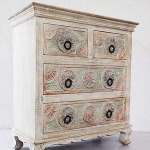 Commode à tiroirs en bois de manguier sculpté, style antique, meuble de rangement à 4 tiroirs, console de salon - Product Image 2