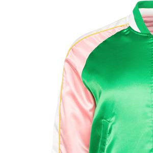 Crest Satin Bomber <b>Jacket</b> Pink and Green <b>Women</b> Sorority Inspired Embroidered Varsity Coat <b>Lightweight</b> Casual Greek Style - Product Image 2