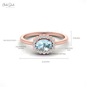 Bague de fiançailles en aquamarine naturelle ovale 7x5 mm, or massif 14 carats, diamant, bijoux fins faits à la main, en promotion spéciale pour la Journée de la femme - Product Image 5