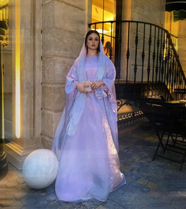 Elegante Caftán Lavanda con Perlas y Cintura Natural para Mujer, Vestido de Noche de Lujo con Brillo, Diseño Moderno y Étnico - Product Image 2