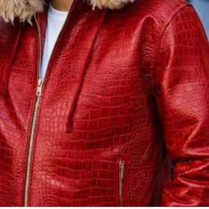 Men's Genuine Leather <b>Hooded</b> <b>Jacket</b> Red Crocodile Embossed <b>Fur</b> Hood Winter Bomber <b>Jacket</b> Custom - Product Image 3