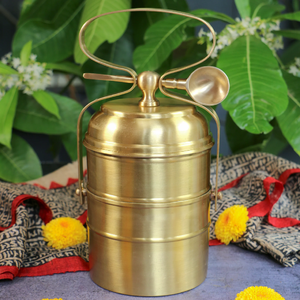 Antique two tier brass tiffin <b>box</b>, vintage lunch <b>box</b> with frame, metal lunch <b>container</b>, available at wholesale prices. - Product Image 6