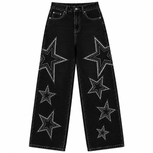 Women's Blue Star <b>Embroidered</b> Loose Fit Dark Wide Leg High Waist Summer Light Denim <b>Jeans</b> Casual Streetwear OEM ODM - Product Image 3