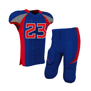 Custom American Football Uniform Set Blue <b>Red</b> Sublimated Jersey Pants Men's Sleeveless V-Neck Moisture Wicking Polyester - Product Image 1