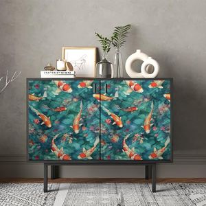 Carta da Parati Adesiva Vintage con Acquario Blu Verde Arancione e Fiori Viola Rosa, Adesivo Murale Effetto Acquerello - Product Image 6