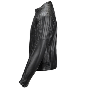 Men's Black Genuine Leather Moto Biker Jacket Stand Collar Zipper Closure Regular Sleeve Slim Fit Autumn Style - Product Image 6