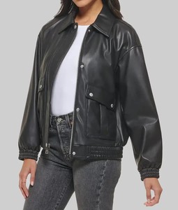 Chaqueta Bomber Extra Grande de Cuero Sintético para Mujer, Chaqueta Casual con Cierre y Bolsillos con Solapa para Otoño e Invierno - Product Image 5