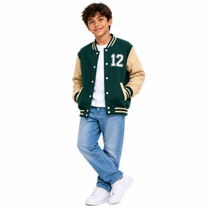 Veste universitaire respirante de qualité supérieure, vert beige, col montant, imprimé dessin animé numéro 12, fermeture pull-over, coupe régulière, en laine pour homme - Product Image 4