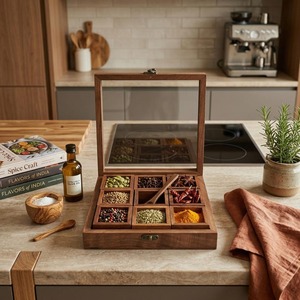 Organizador de especias redondo de madera de alta demanda con tapa de vidrio transparente para guardar hierbas, masala y frutos secos en venta. - Product Image 4