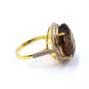 Anillo de Plata de Ley 925 Chapado en Oro con Cuarzo Natural Color Miel y Diamantes, Anillo de Regalo con Piedras Preciosas para Mujer - Product Image 4