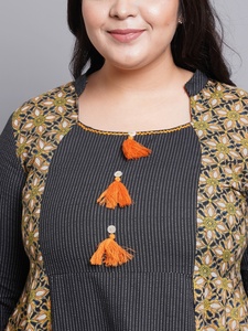 Black Cotton Anarkali Kurti With Floral And Stripe <b>Print</b> Embroidery Mandarin Collar Bell Sleeves For Plus Size Women's Wear - Product Image 5