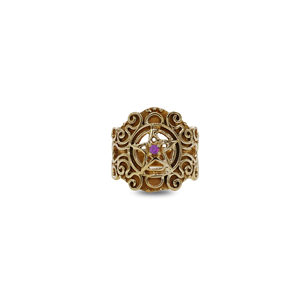 Anillo de pentagrama de turmalina rosa chapado en oro de 18 quilates |   Banda de Filigrana Mística Victoriana - Product Image 1