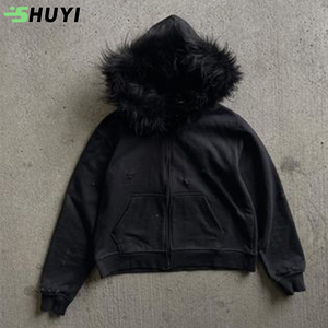 Unisex Hooded <b>Zipper</b> <b>Jacket</b> With Fur Collar Solid Color Casual Winter Wear Regular Fit Fleece Materil Fur Hoodie Faux Fur Hoodie - Product Image 4