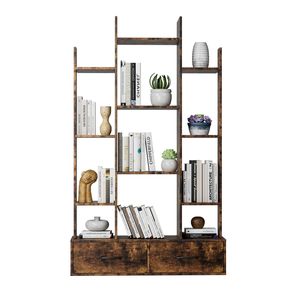 Vintage Industrial Open Display Bookcase with <b>2</b> <b>Drawers</b> and 12 <b>Storage</b> Shelves Freestanding Bookshelf <b>2</b> <b>Drawers</b> - Product Image 6