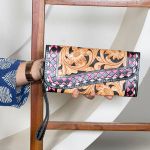 Handmade Tooled Genuine Leather Checkered Pattern Floral Design Women Clutches <b>Credit</b> <b>Card</b> <b>Holder</b> Evening Wristlet Wallet - Product Image 2
