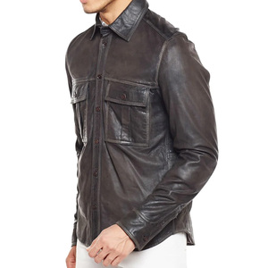 Chemise en cuir noir pour homme, manches longues, col rabattu, couleur unie, style vêtements de travail, tenue d'automne - Product Image 2