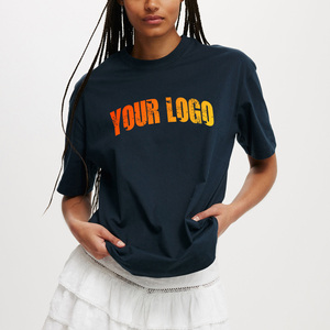 Women's Navy Blue Cotton V-neck T-Shirt Orange Logo Print Sporty Regular Fit Short Sleeve Jersey <b>Top</b> Embroidery <b>Zipper</b> - Product Image 5
