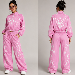 Custom Pink Windbreaker <b>Jacket</b> And Wide Leg Pants Set With <b>Star</b> Print Track Suit Design For Unisex Comfort Wear - Product Image 3