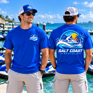T-shirt décontracté à manches courtes bleu pour homme Custom Salt Coast Rentals avec imprimé jet ski, séchage rapide, coupe classique - Product Image 1