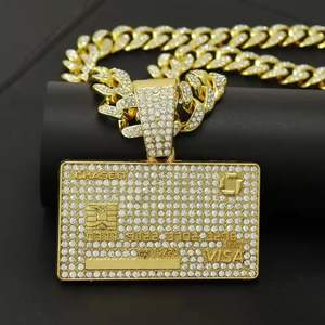 Collier pendentif carte de crédit plaqué or, style Hip Hop, micro-pavé de diamants CZ, avec chaîne cubaine - Product Image 3