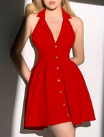 Robe mini vintage à col halter, coupe ajustée et évasée, style rétro, boutonnée, sans manches, à revers crantés, coupe trapèze, idéale pour pique-nique