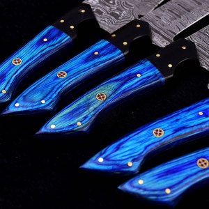 New Edition Custom Handmade Damascus Steel 5-Piece <b>Kitchen</b> Chef <b>Knife</b> Set Blue Pakkawood Handles Full Tang Straight Edge - Product Image 4