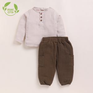 Premium Quality Organic Muslin Long Sleeve Henley Tshirt with Lounge Pant Set Oatmeal & Cocoa Whisper Baby Clothing Sets - Product Image 1