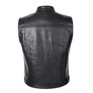 Gilet moto en cuir véritable pour homme de qualité supérieure, col montant, couleur unie, poches, longueur standard, style automne - Product Image 4