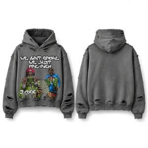 Sweat-shirt à capuche tendance pour homme, design hivernal chaud, gris déchiré, streetwear hip-hop imprimé, coton French Terry, automne - Product Image 1