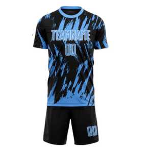 Ensemble de maillots de football personnalisés avec nom d'équipe imprimé par transfert thermique, noir et bleu, col rond, manches courtes, polyester respirant, uniformes - Product Image 5